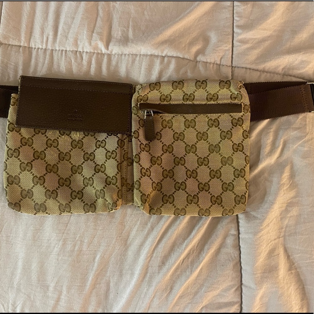 GUCCI Brown Monogram GG Fanny Pack Bum Bag Belt Authentic